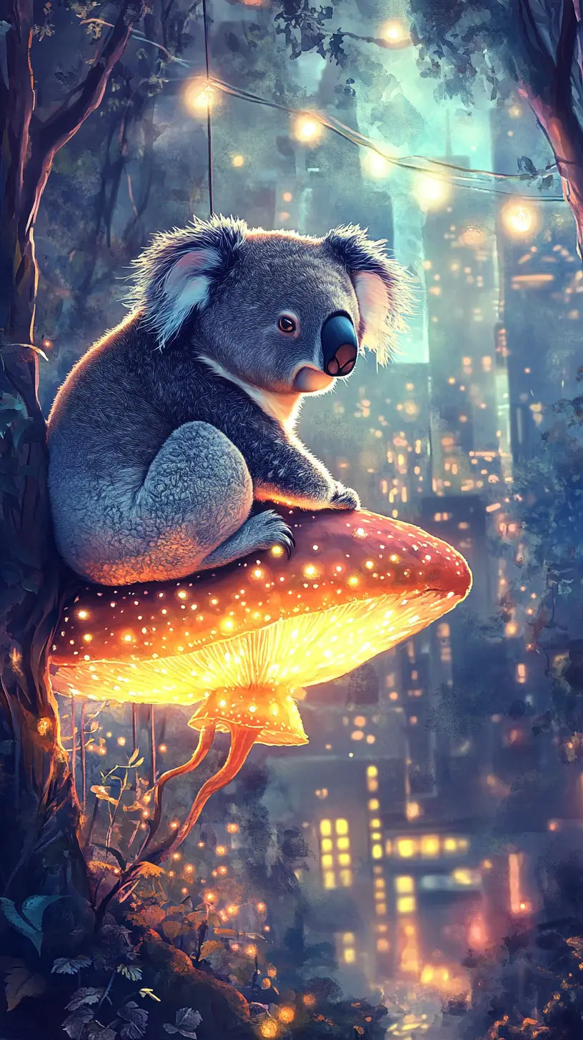 Melancholic koala resting on glowing mushroom at twilight