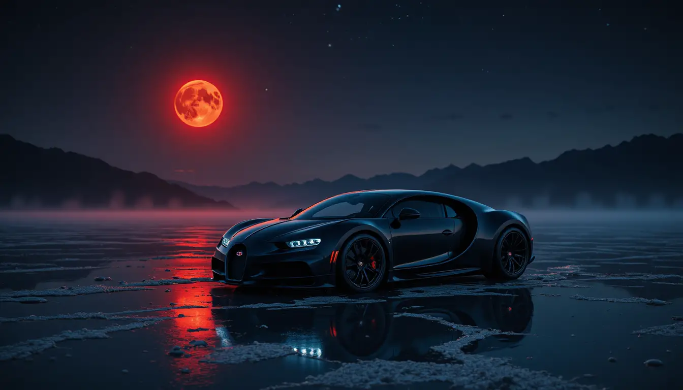 Mattschwarzer Supersportwagen auf überfluteter Salzebene bei Nacht
