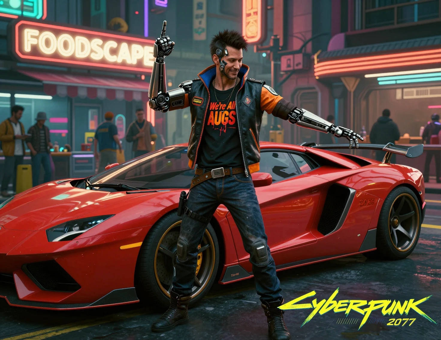 Uomo cyborg cyberpunk che danza accanto a un'auto sportiva rossa futuristica