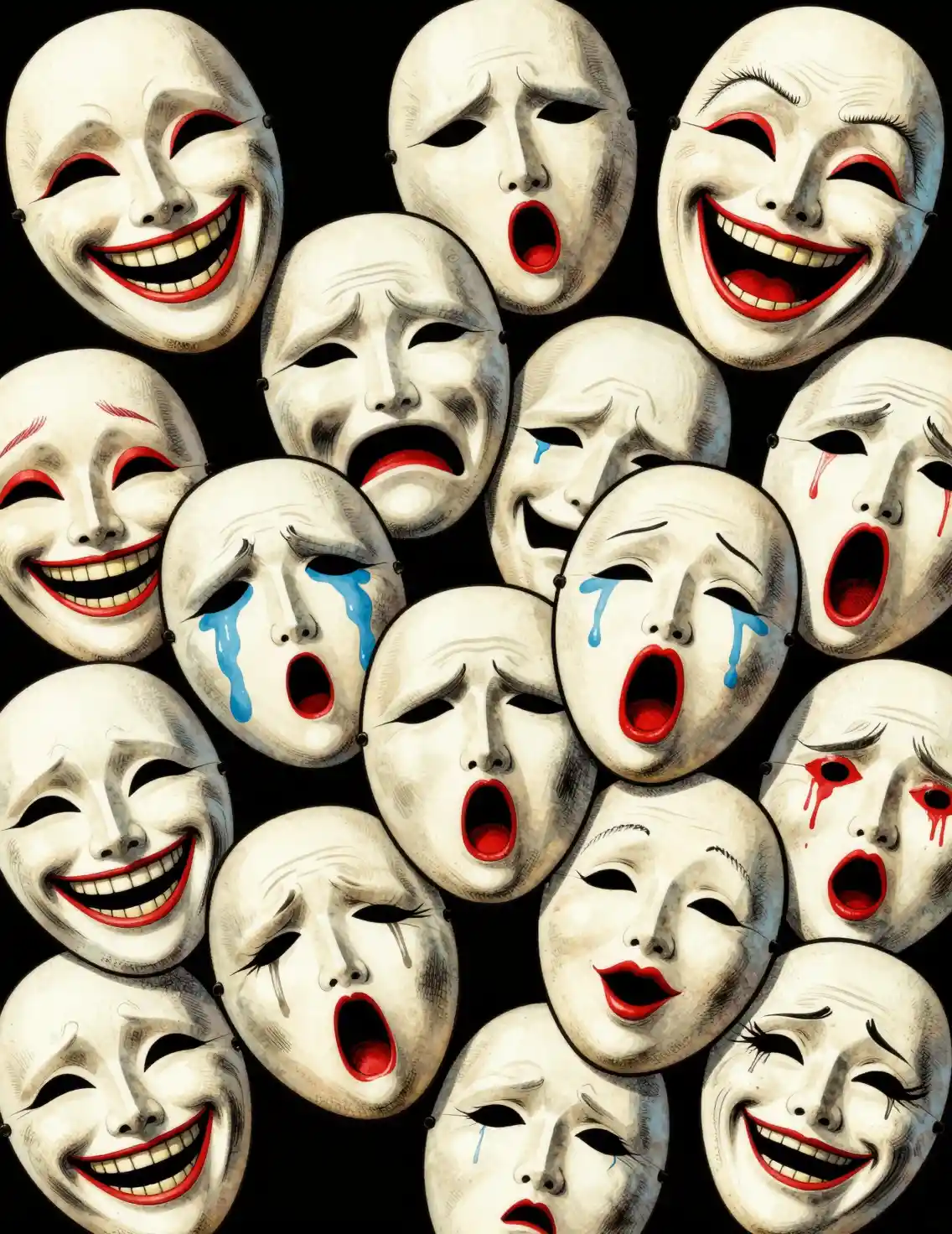 Crowded Cartoon Masks With Intense Exaggerated Expressions