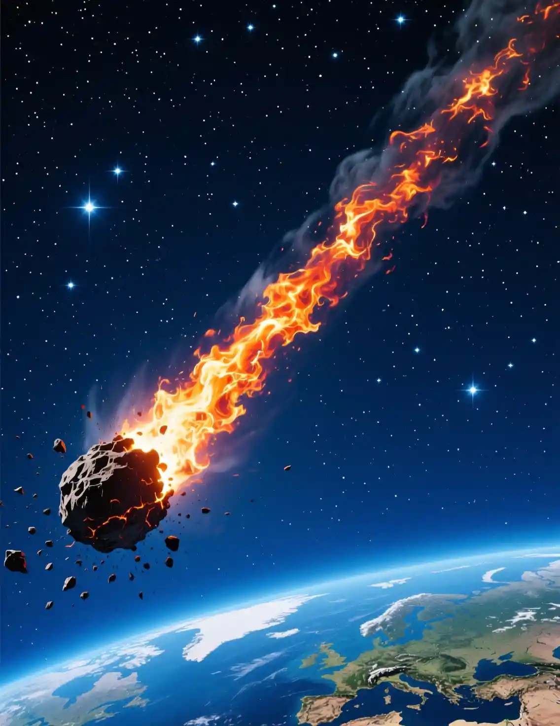 Fiery comet streaking across a deep blue night sky