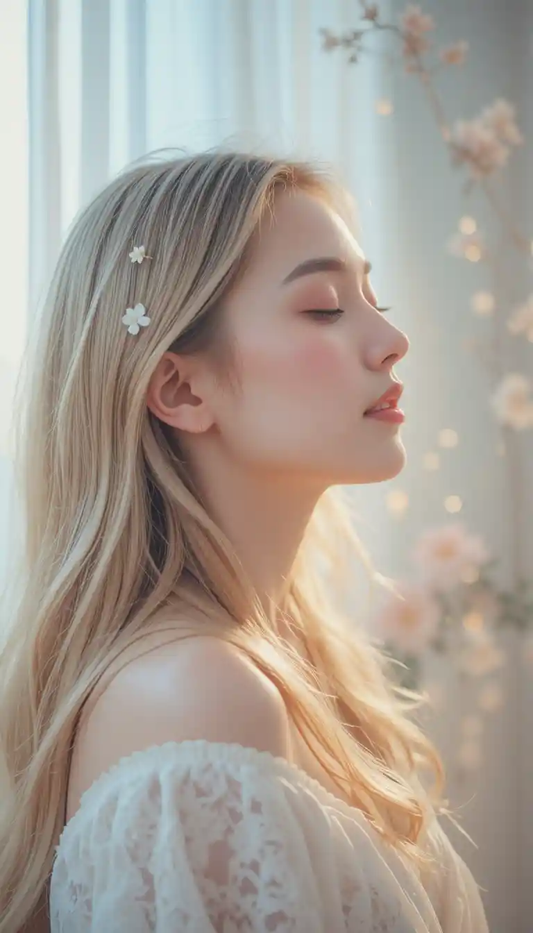 Peaceful girl with flower in hair by soft curtains