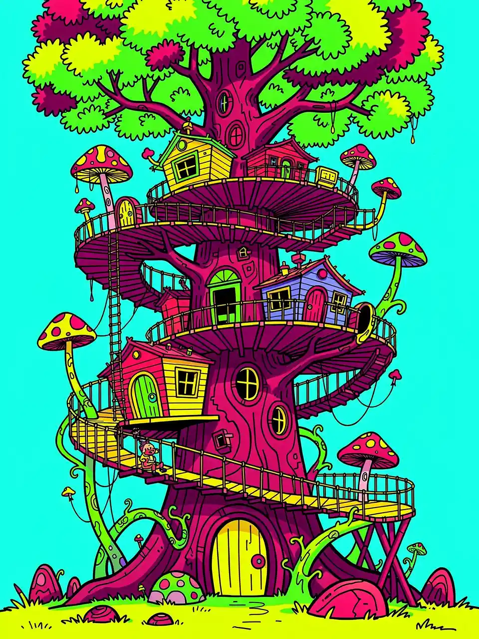 Whimsical spiral treehouse in bold pop surrealist style