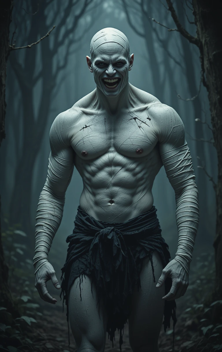 Bandaged muscular man grinning in a dark fantasy forest