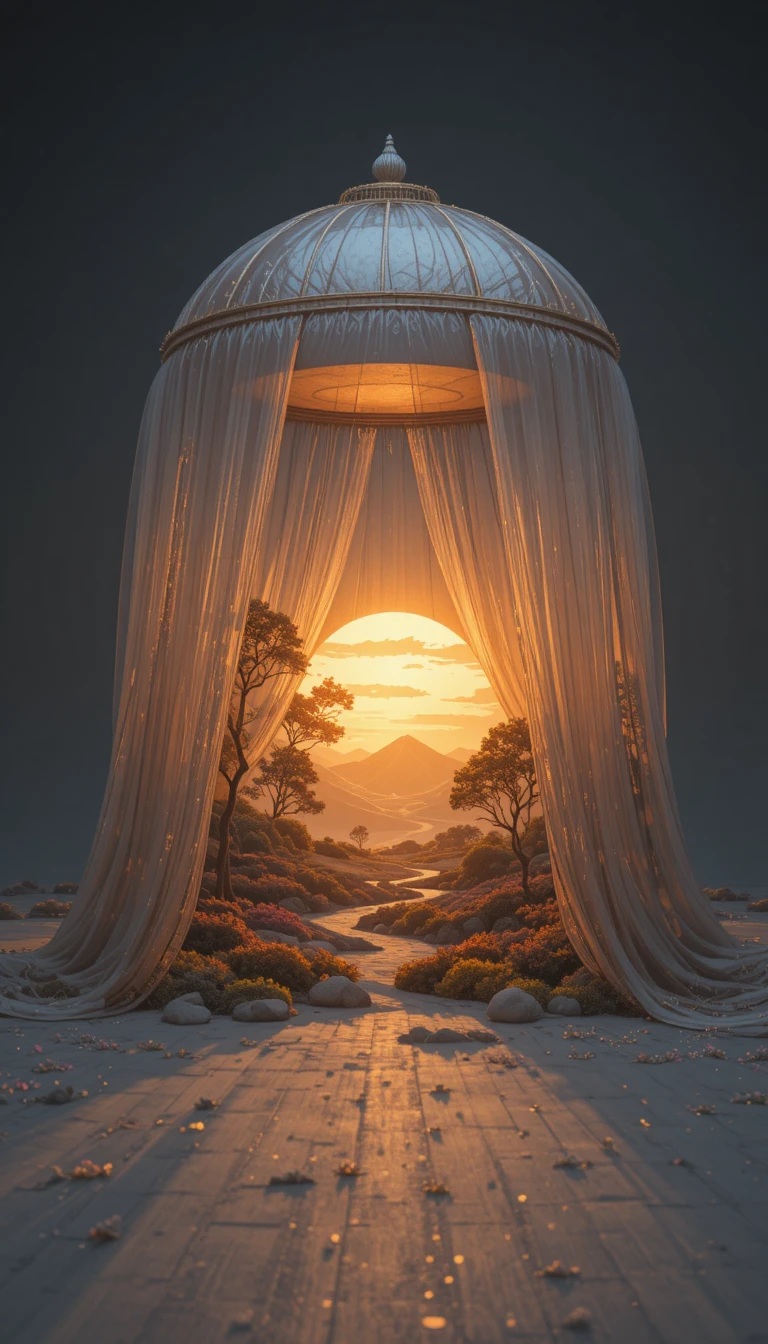 Golden sunrise diorama under a vast transparent canopy