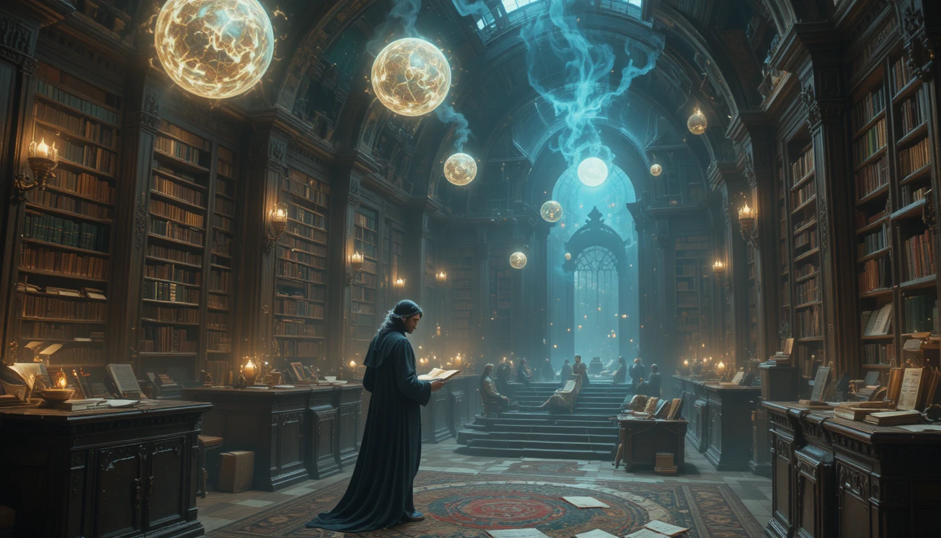 Antigo bibliotecário entre livros flutuantes em biblioteca encantada
