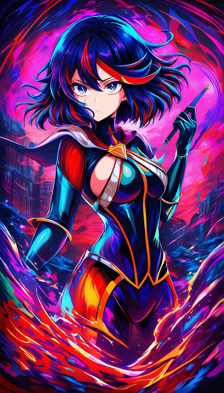 Anime heroine facing a looming beast in ruins