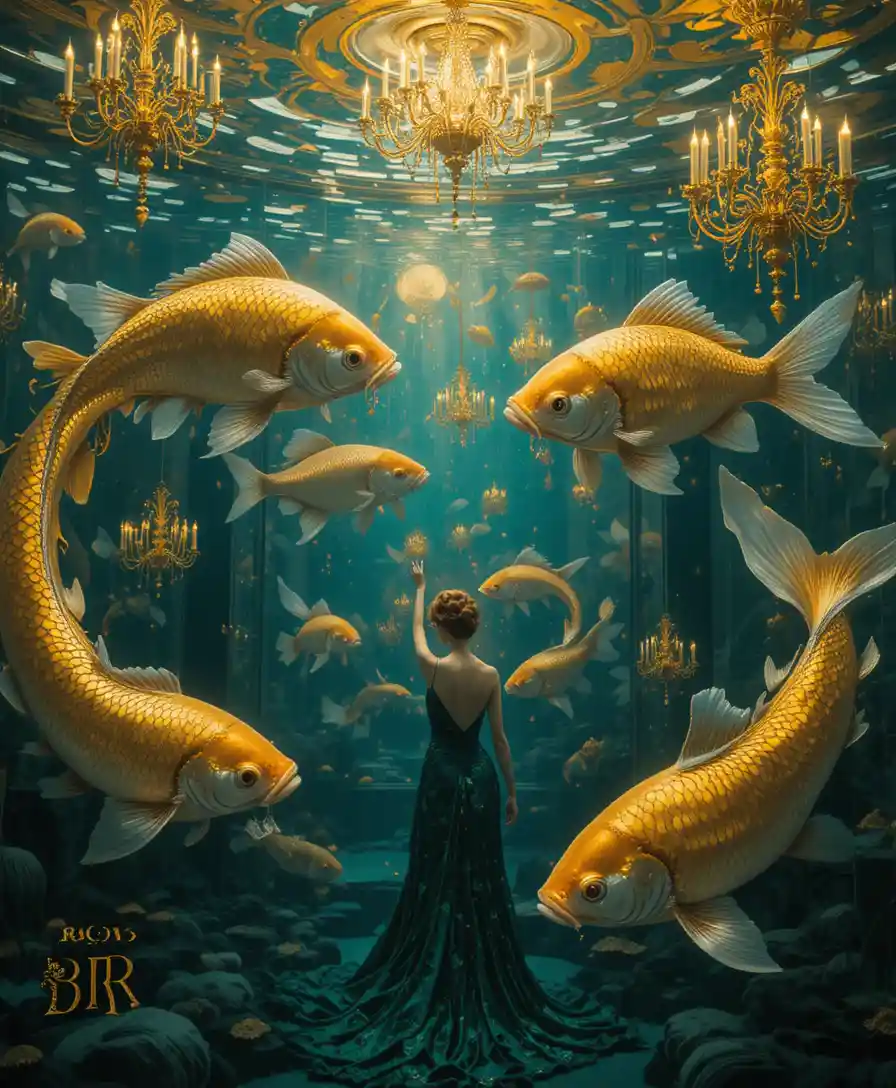 Colossal Goldfish Drift Through A Submerged Ballroom