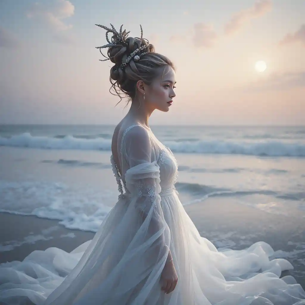 Ethereal woman in flowing white gown under soft dreamy light