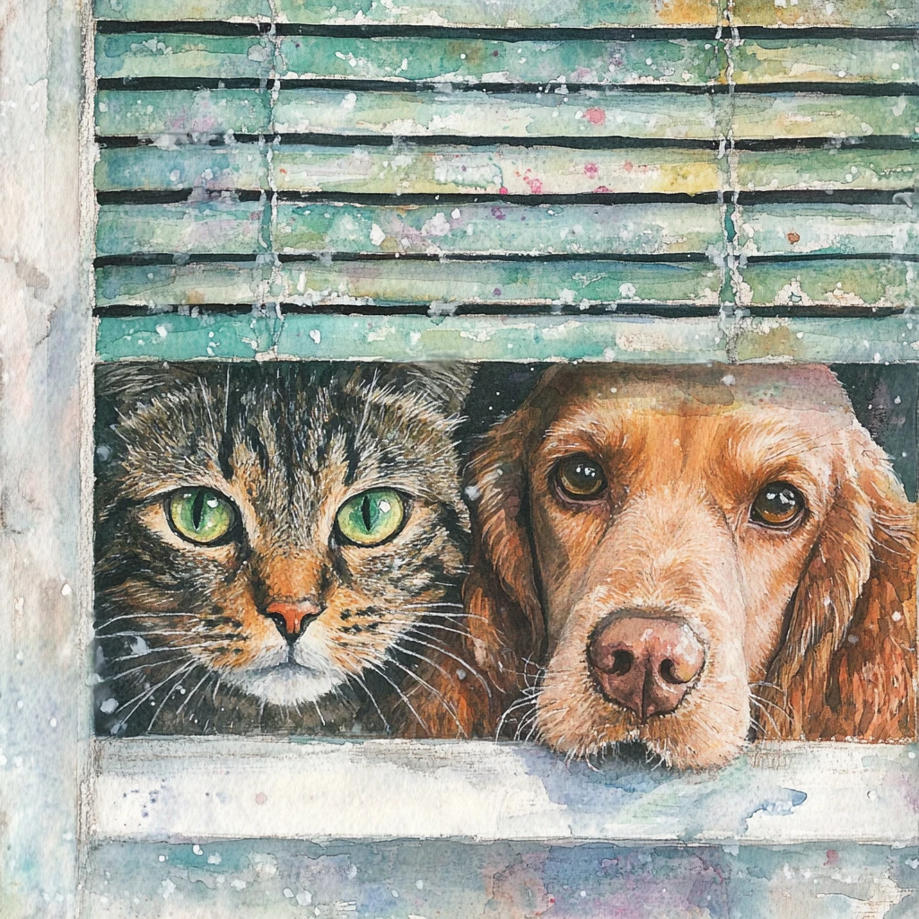 Gato e cachorro observando através de persianas verde-claras