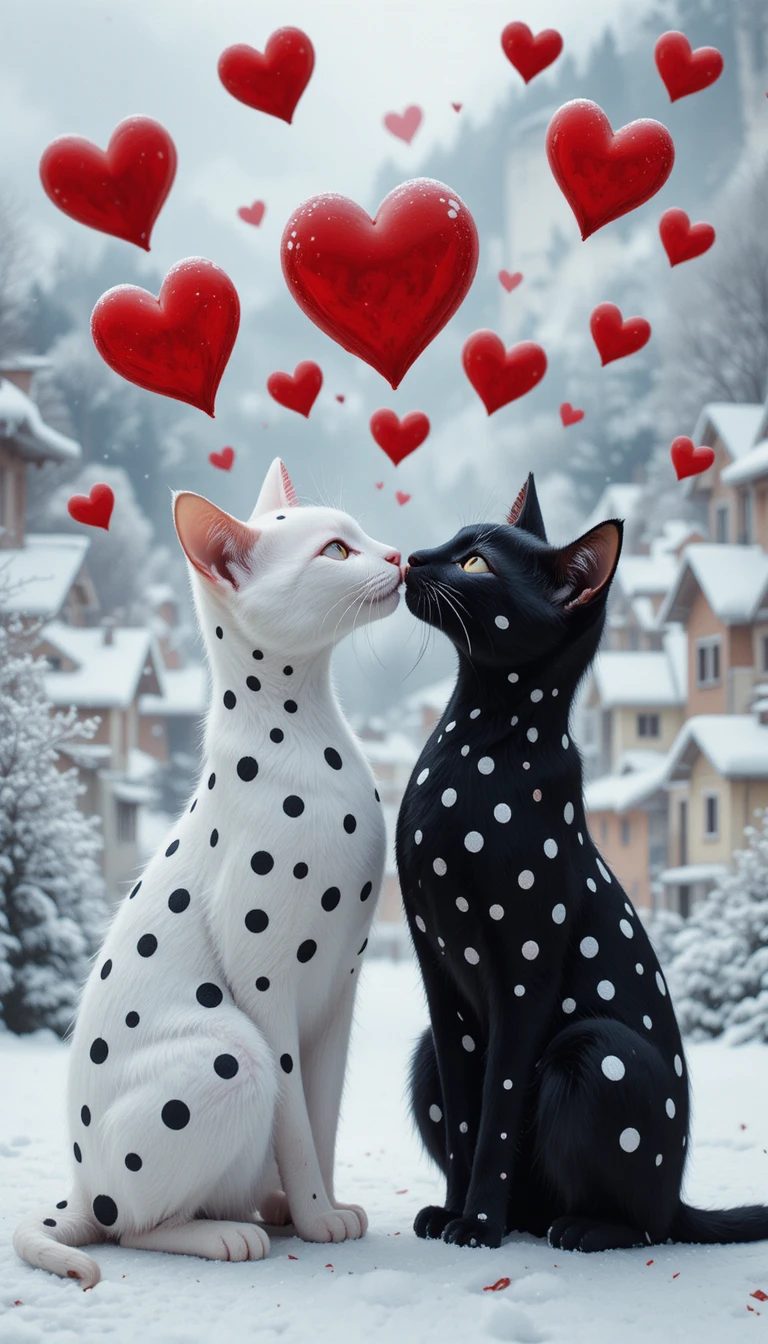 水玉模様の幻想的な村でキスする白猫と黒猫