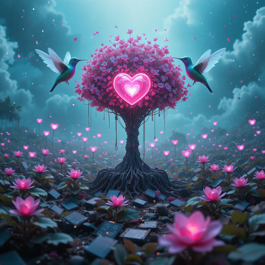 Giardino cyber surreale con albero-server e colibrì robotici