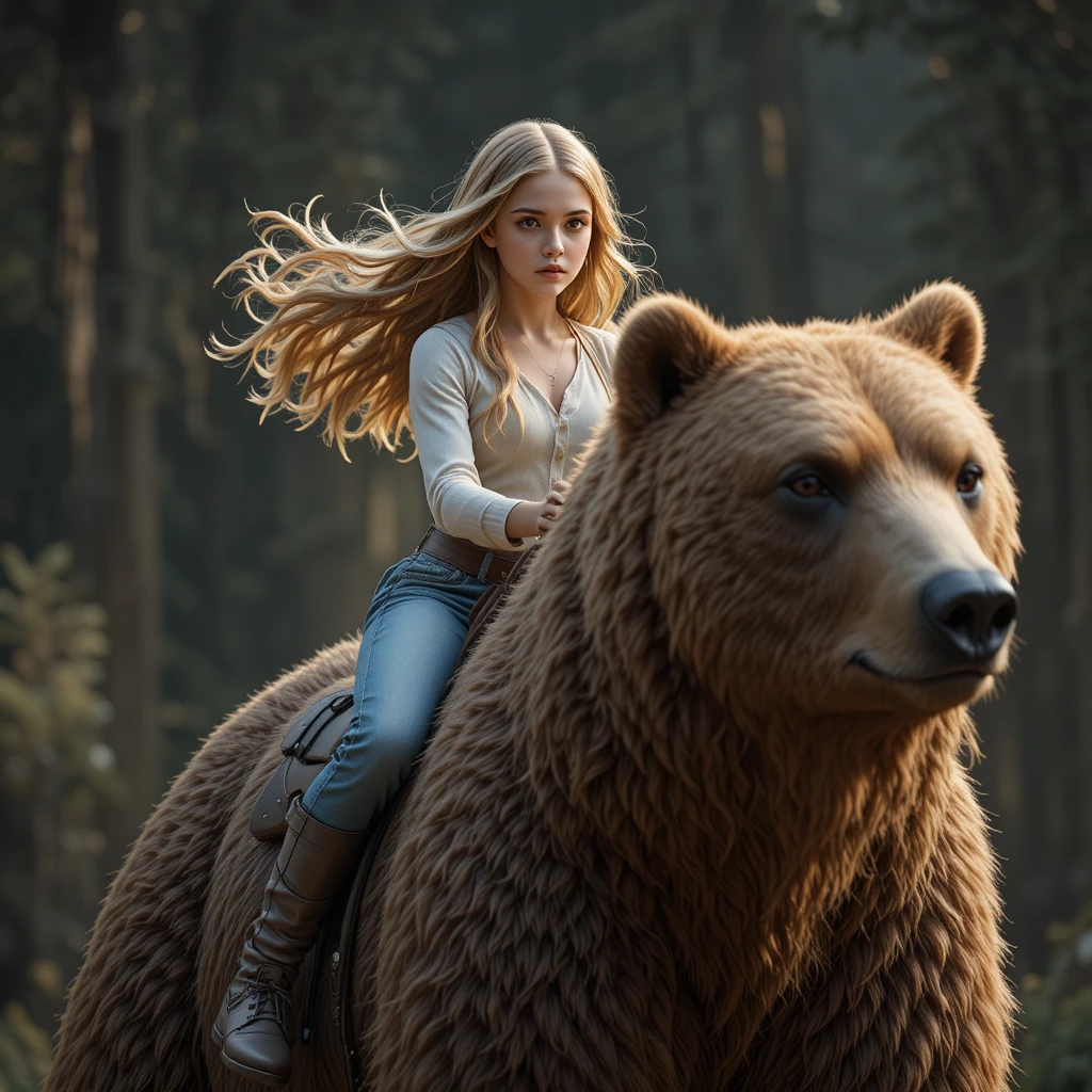 Magnifique fille aux cheveux dorés chevauchant un puissant ours