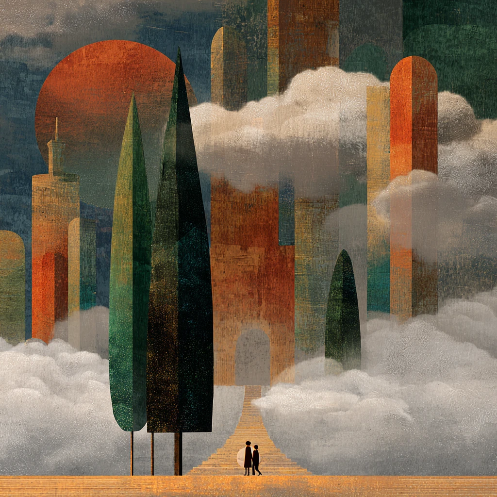 Surreal cathedral of clouds rising in a dreamy sky