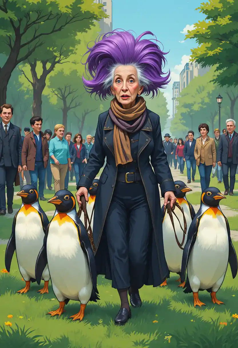 Senhora idosa excêntrica passeando pinguins em um parque urbano movimentado