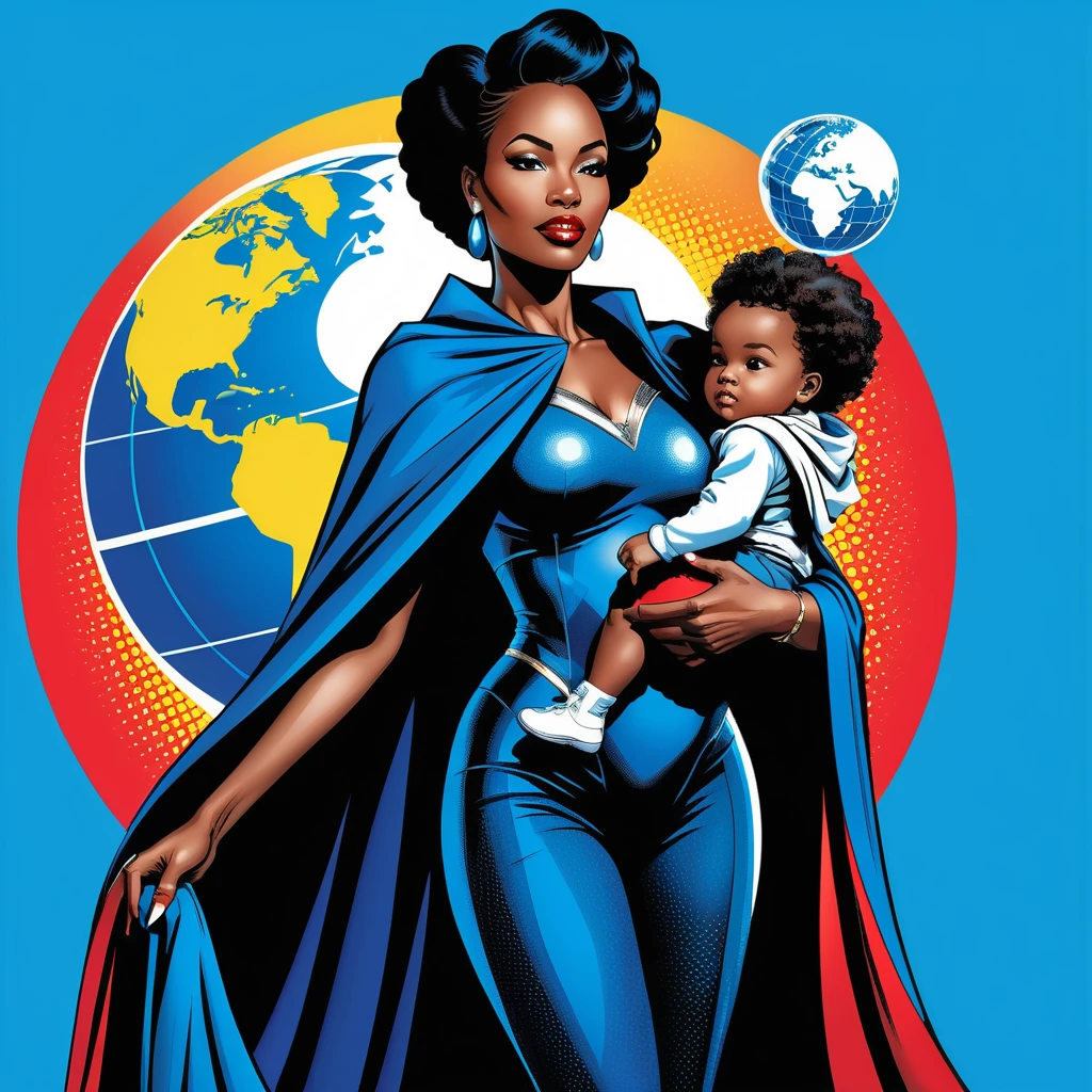 Black mother in blue cape balancing globe and child