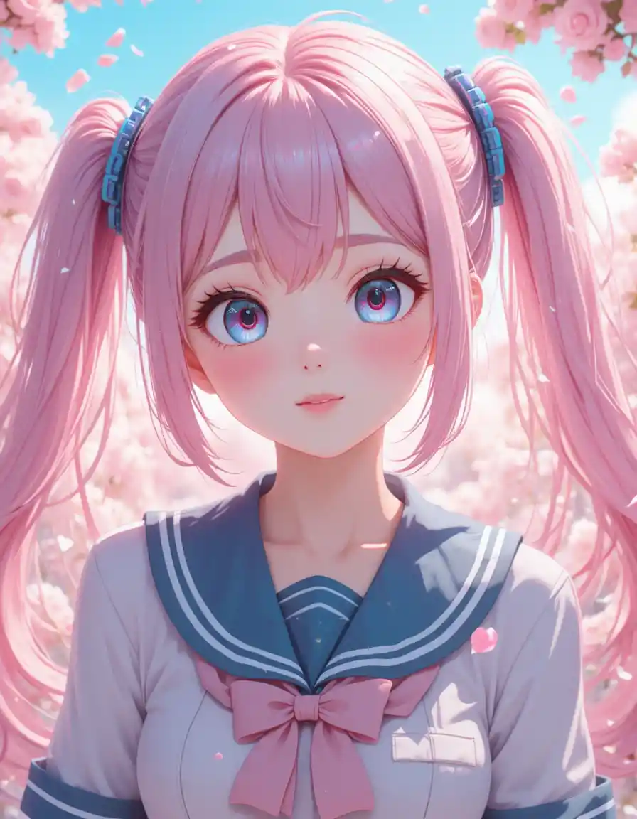Cute anime girl with pastel twin tails and blossoms
