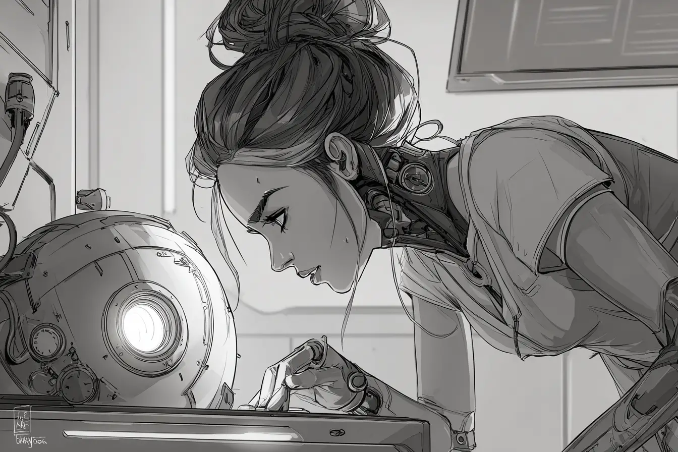 Cybernetic technician studying a glowing futuristic orb