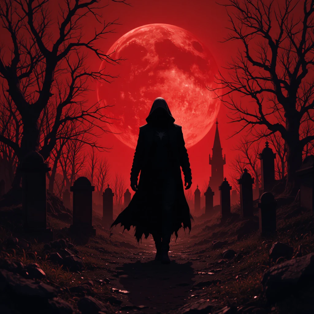Shadowy figure walking through a graveyard under blood moon