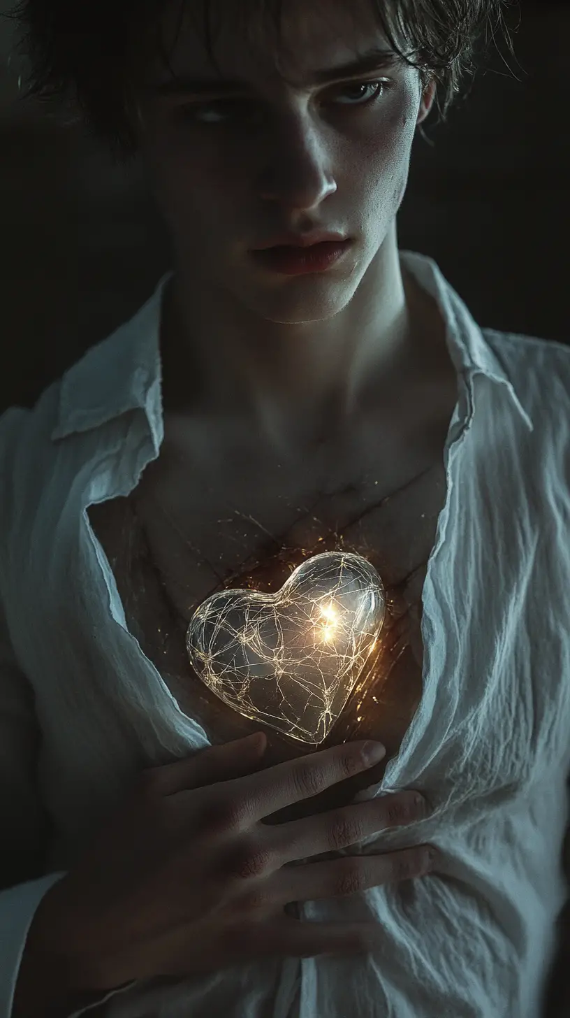 Surrealistisches Porträt mit transparentem Brustkorb und gläsernem Herzen