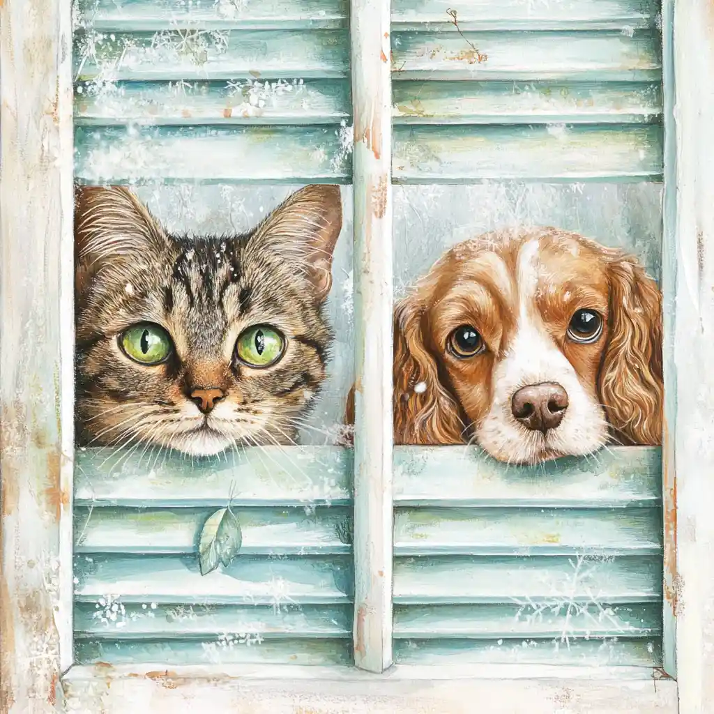 Gatto e cane che guardano attraverso veneziane verde pallido