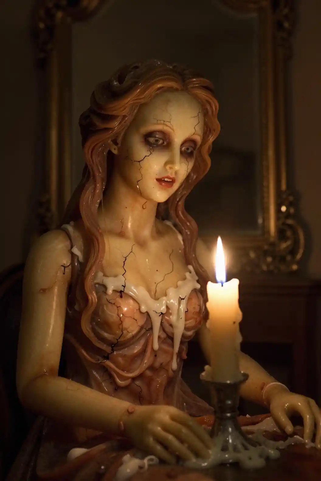 Creepy wax figure melting beside a glowing candle