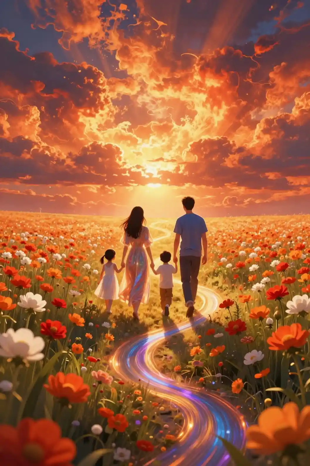 Familia caminando hacia la luz a través de un campo de flores resplandecientes