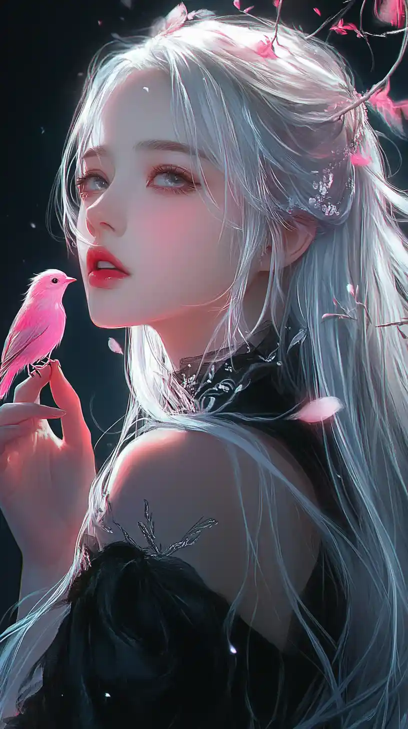 Fille aux cheveux argentés avec un petit oiseau rose dans une lueur magenta