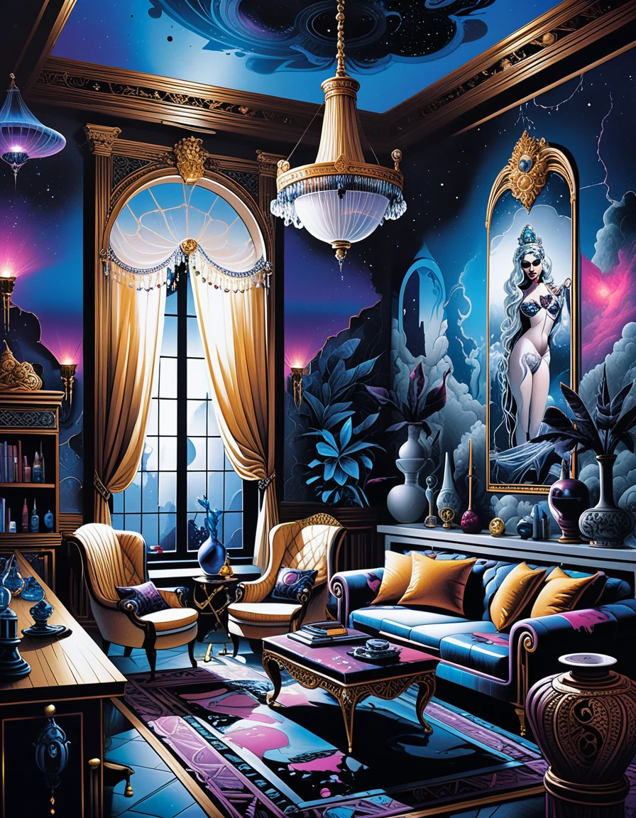 Interni di magione dark fantasy con ricca decorazione mistica