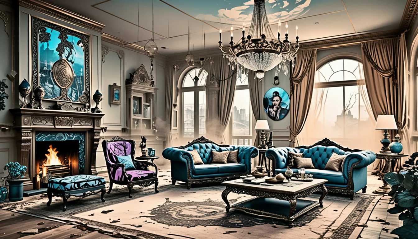 Dunkel-edelsteinfarbener Fantasy-Herrensalon mit opulentem Interieur