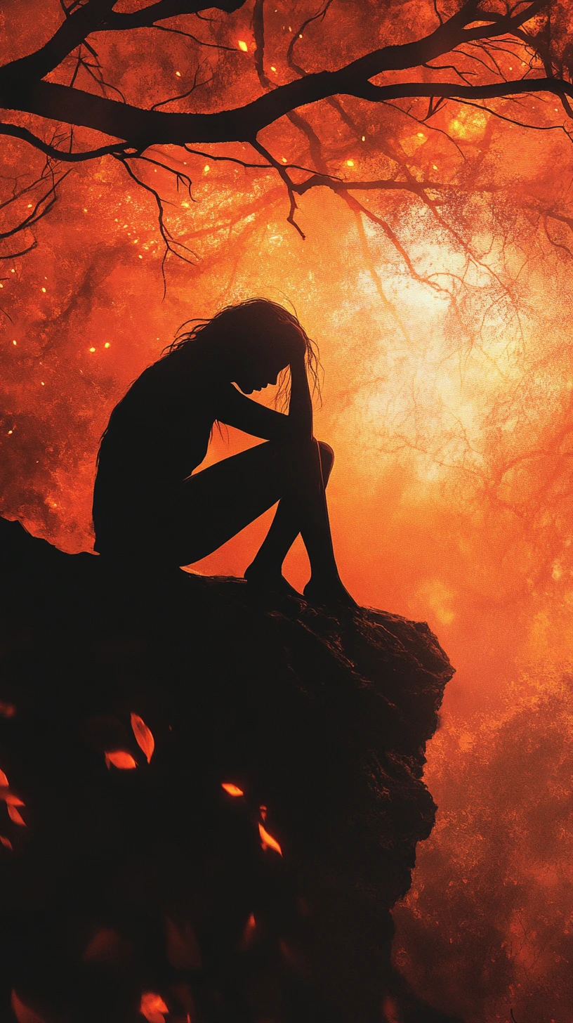 Silhouetted woman on a rock in fiery orange backlight