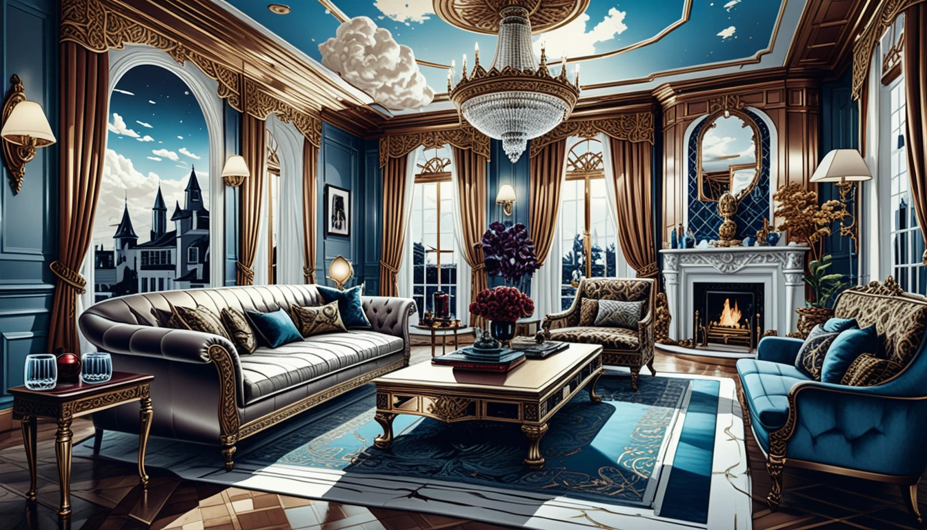Dunkler Fantasy-Herrensalon mit opulentem, luxuriösem Interieur