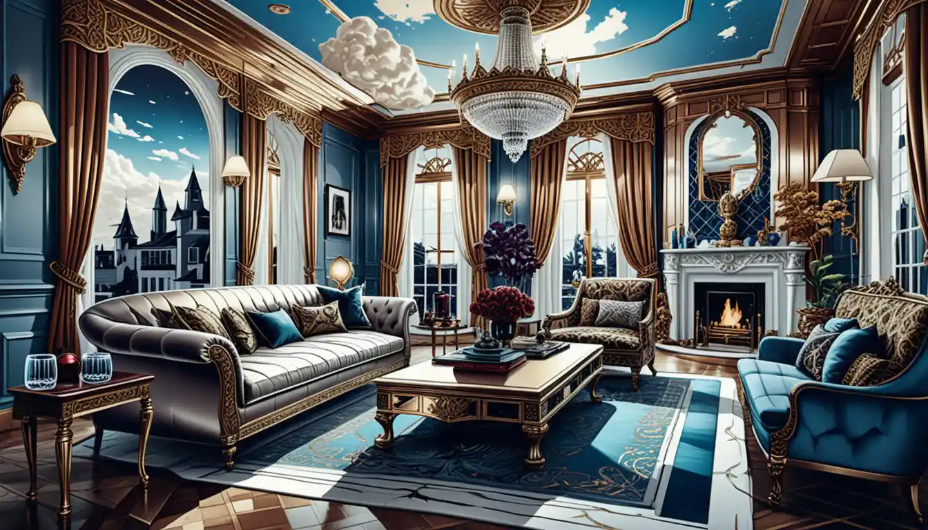 Dunkler Fantasy-Herrensalon mit opulentem, luxuriösem Interieur
