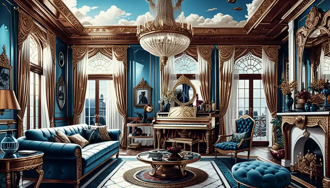 Salle de manoir dark fantasy au luxueux intérieur ornementé