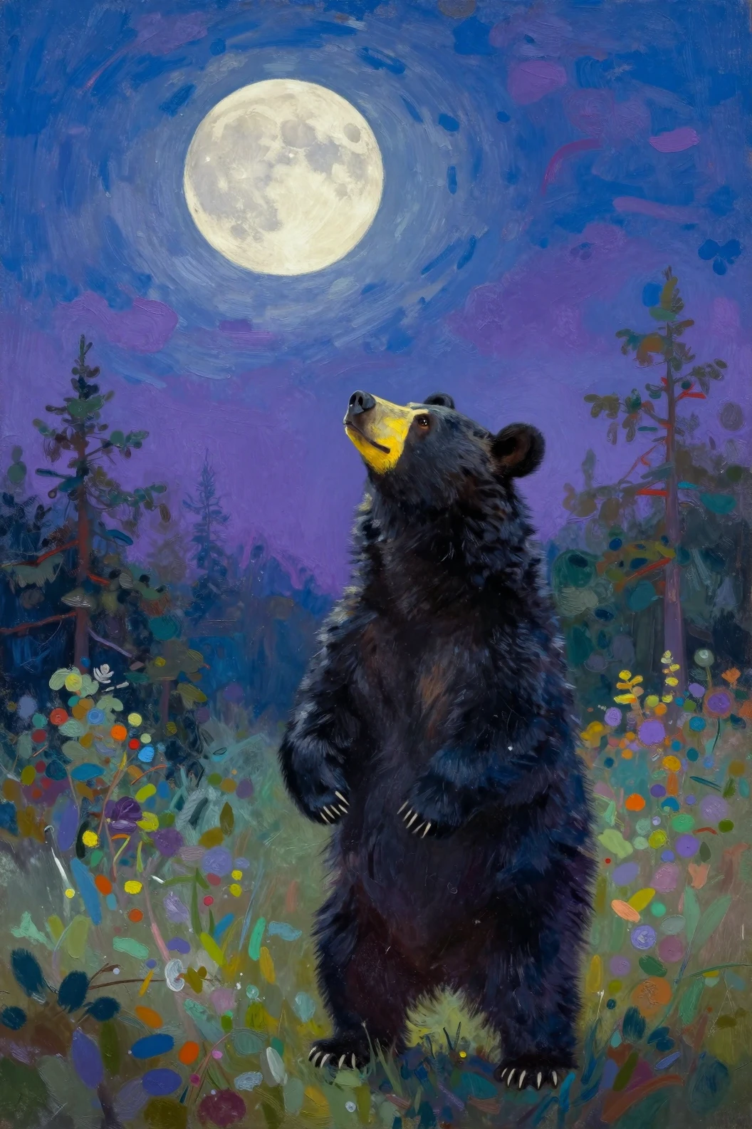 Black bear standing under a glowing full moon
