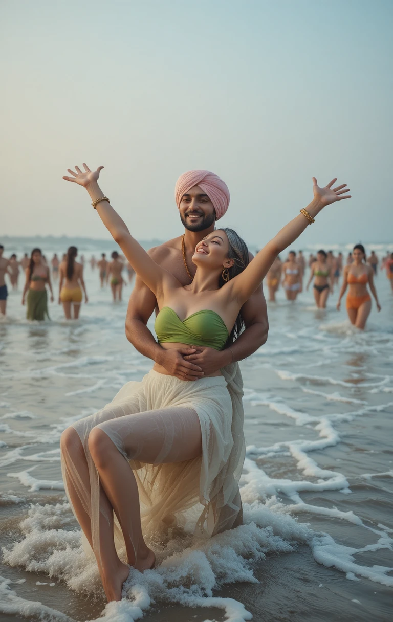 Joyful woman embraced by man on crashing ocean shore