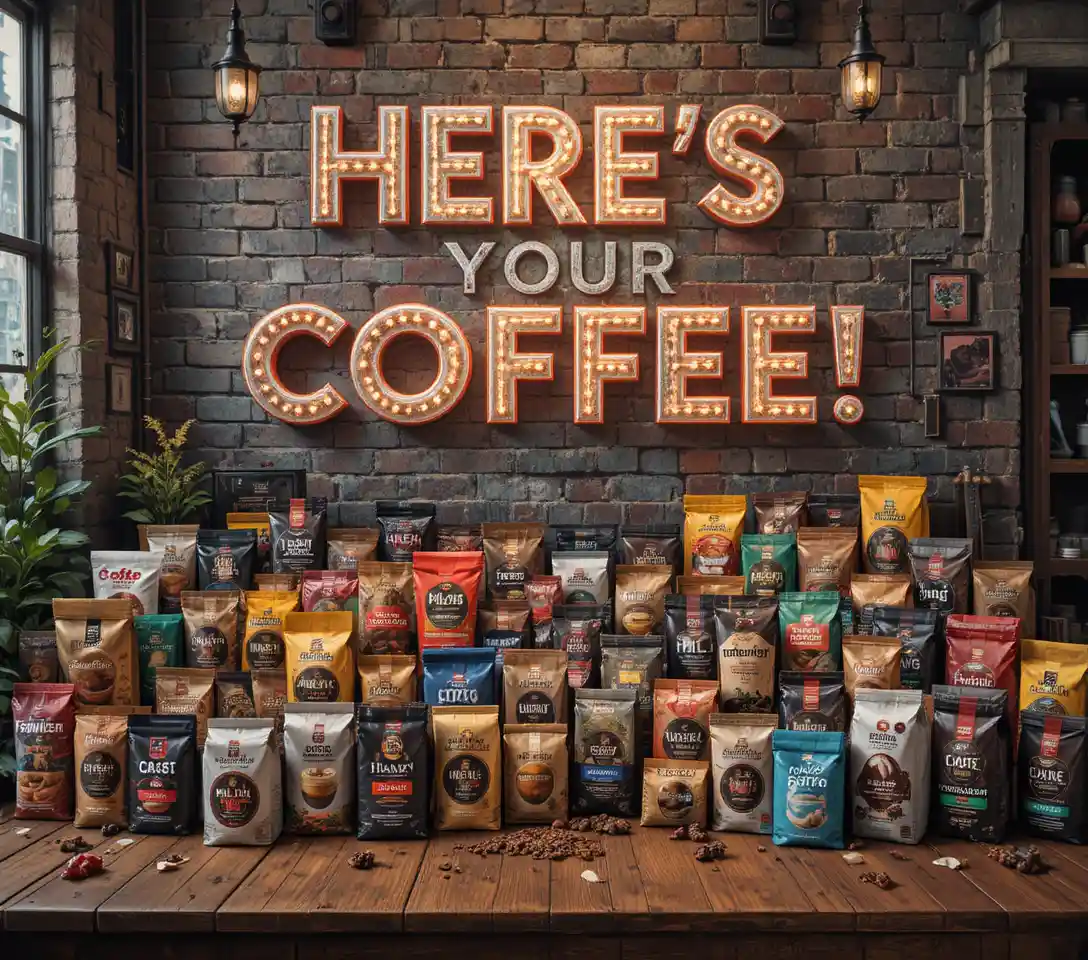 Coffee packages piled on a wooden table against brick wall