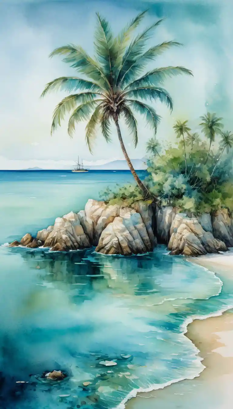 Lonely palm tree on a tiny isle in blue green sea