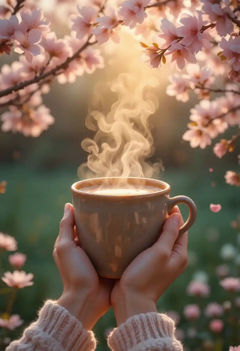 Mains tenant une tasse de café fumante sous les fleurs de printemps