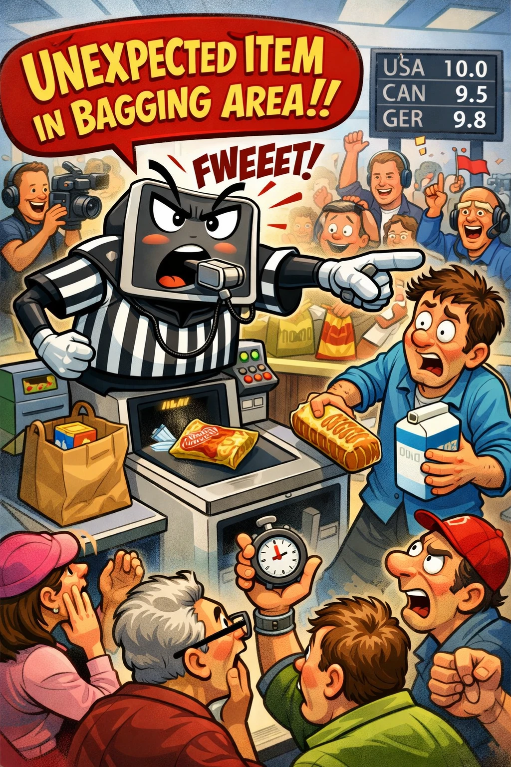 Arbitro alla cassa self-service in stile cartoon che rimprovera un cliente del supermercato confuso