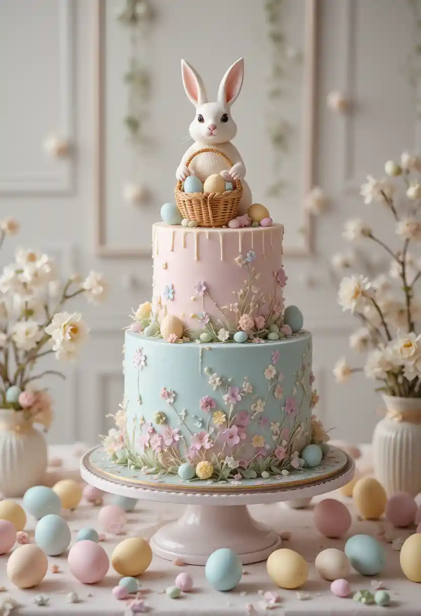 Elegante dreistöckige Ostertorte mit Hasenaufsatz