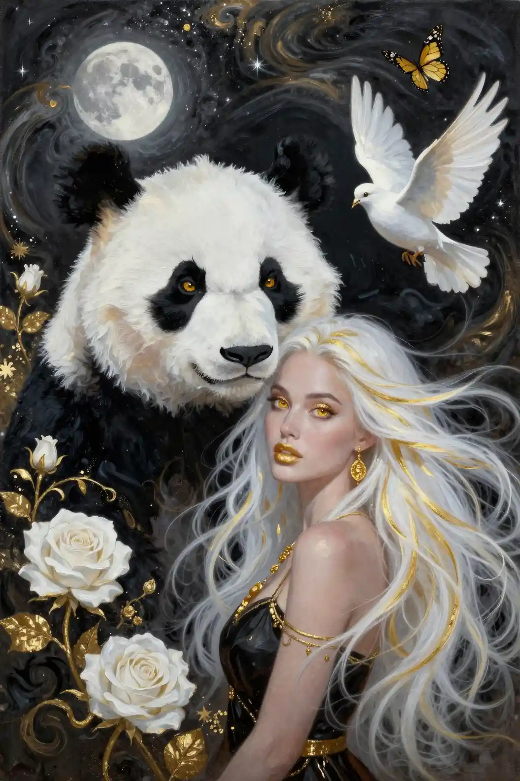 Panda de pelo branco e mulher com olhos dourados em pintura a óleo