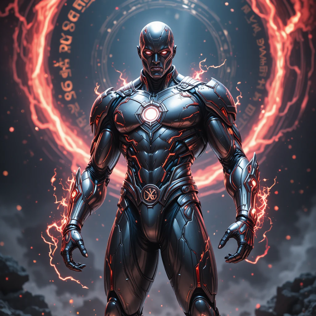 Super-herói cósmico blindado no vazio celestial com energia vermelha