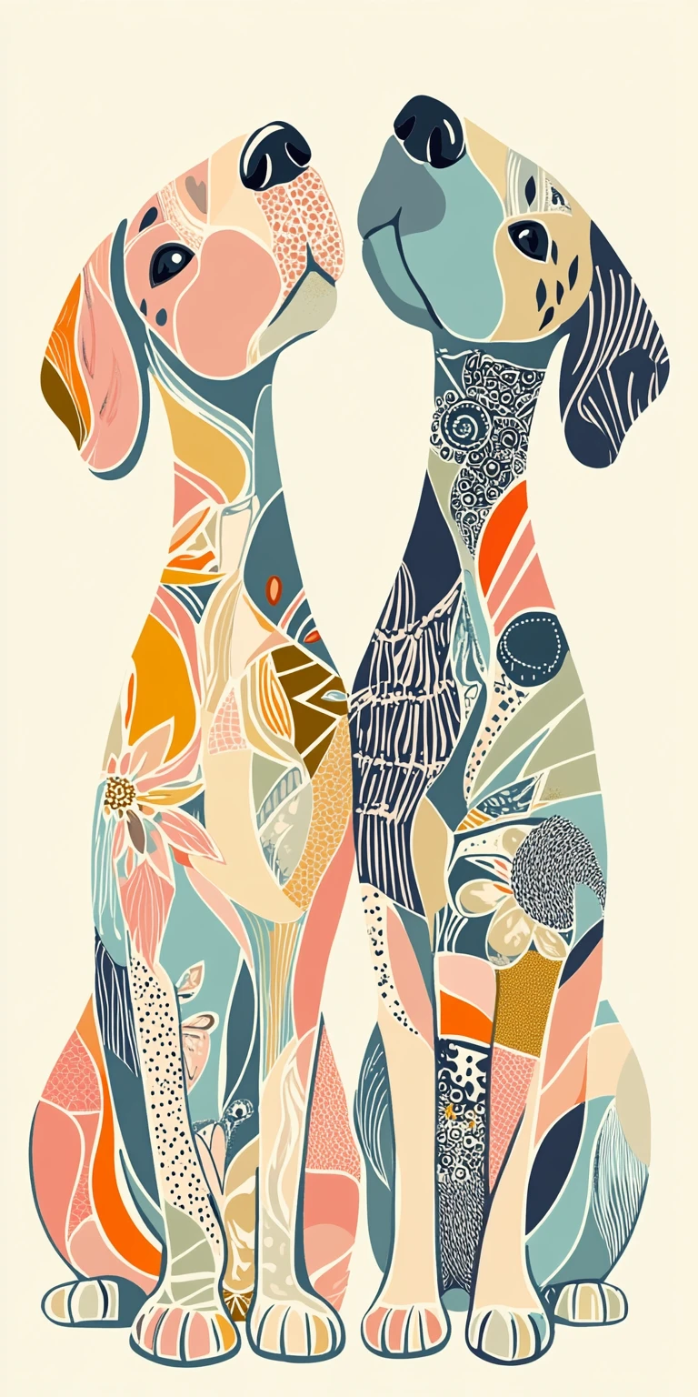 Dois cães zentangle estilizados em ilustração folclórica simétrica