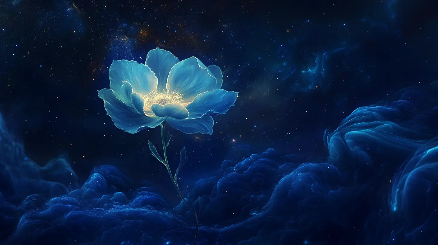 Flor etérea floreciendo bajo un cielo estrellado a medianoche