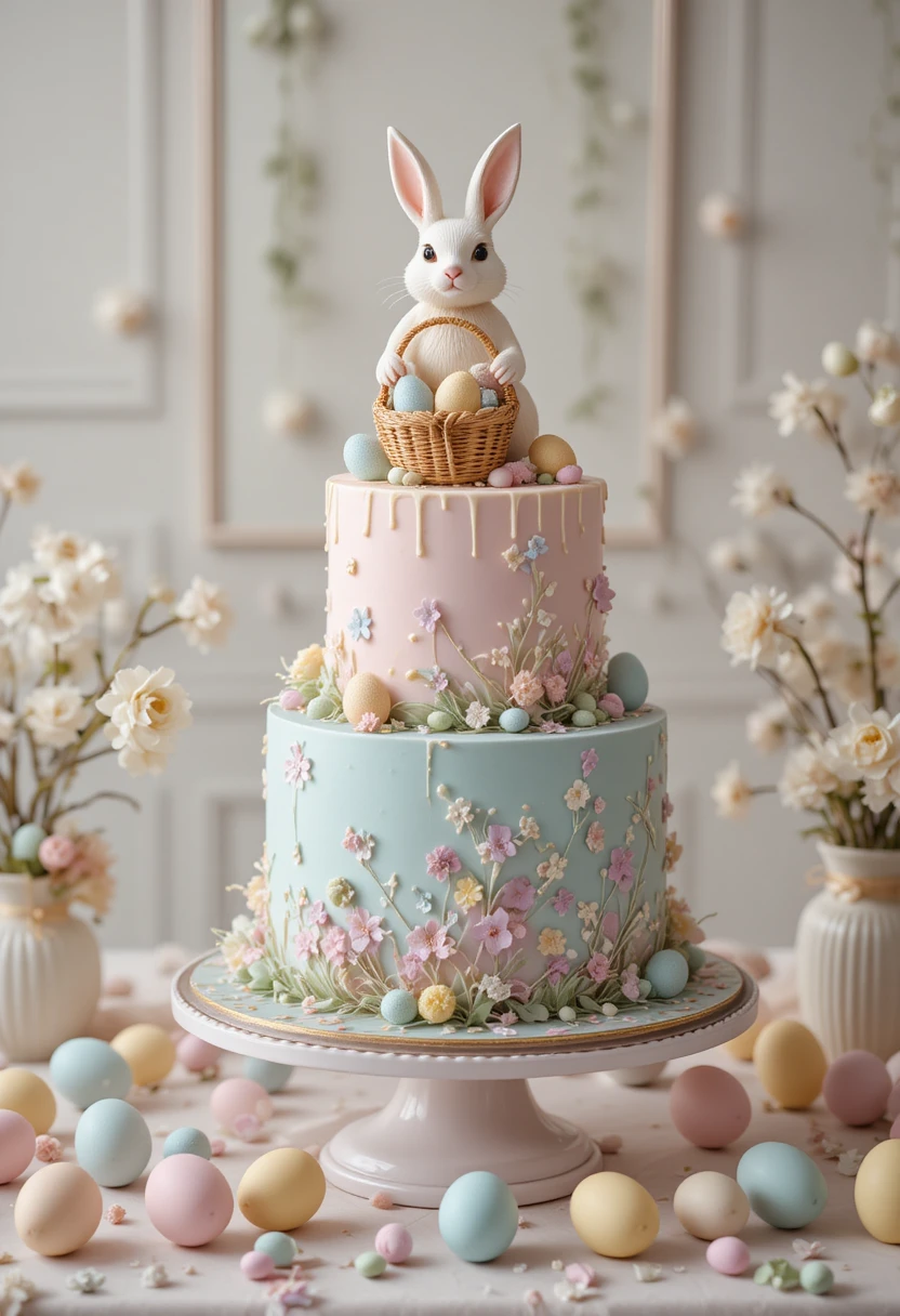 Elegante dreistöckige Ostertorte mit Hasenaufsatz