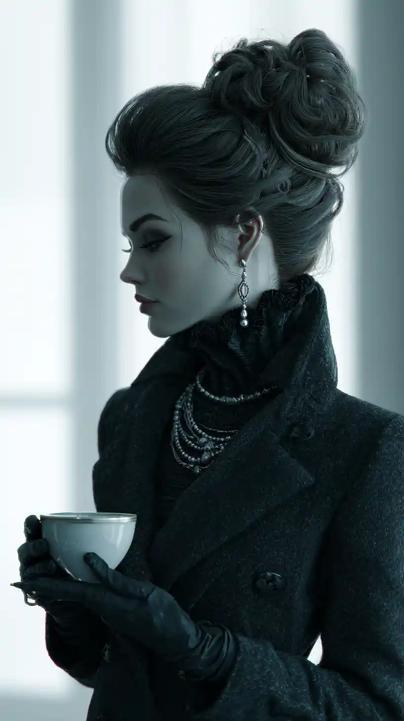 Stylish woman with coffee in elegant winter fashion