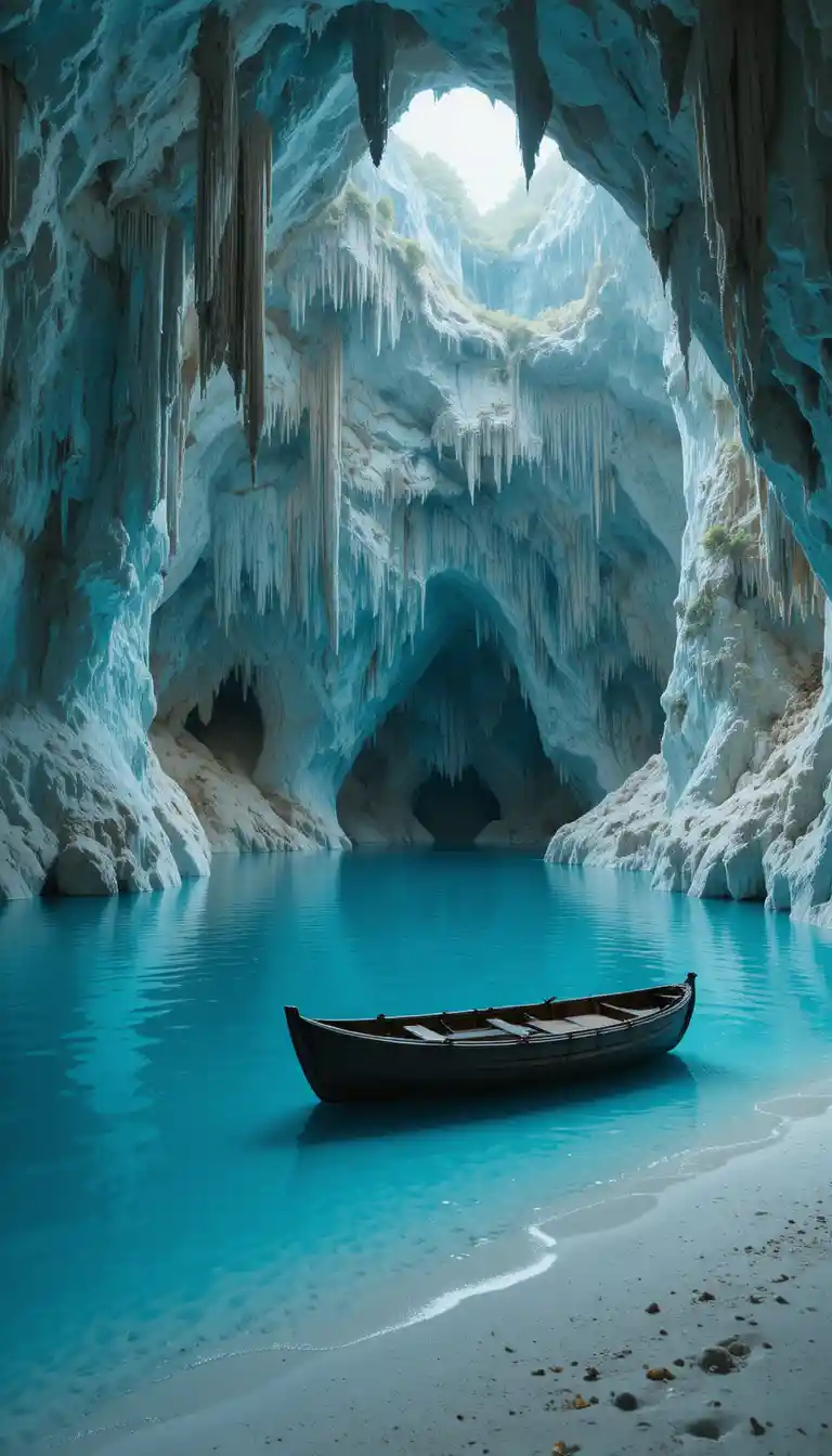 Tranquil cave lake with rowboat and glowing stalactites