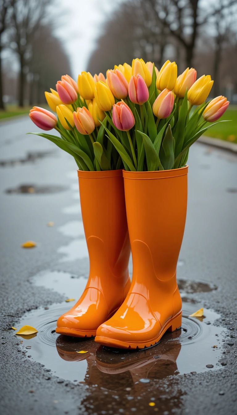Orange boots with tulips reflected in a park puddle