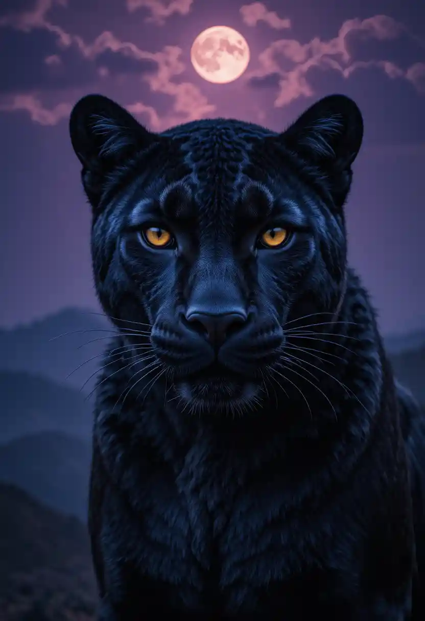 Black panther close up under a moody moonlit night sky